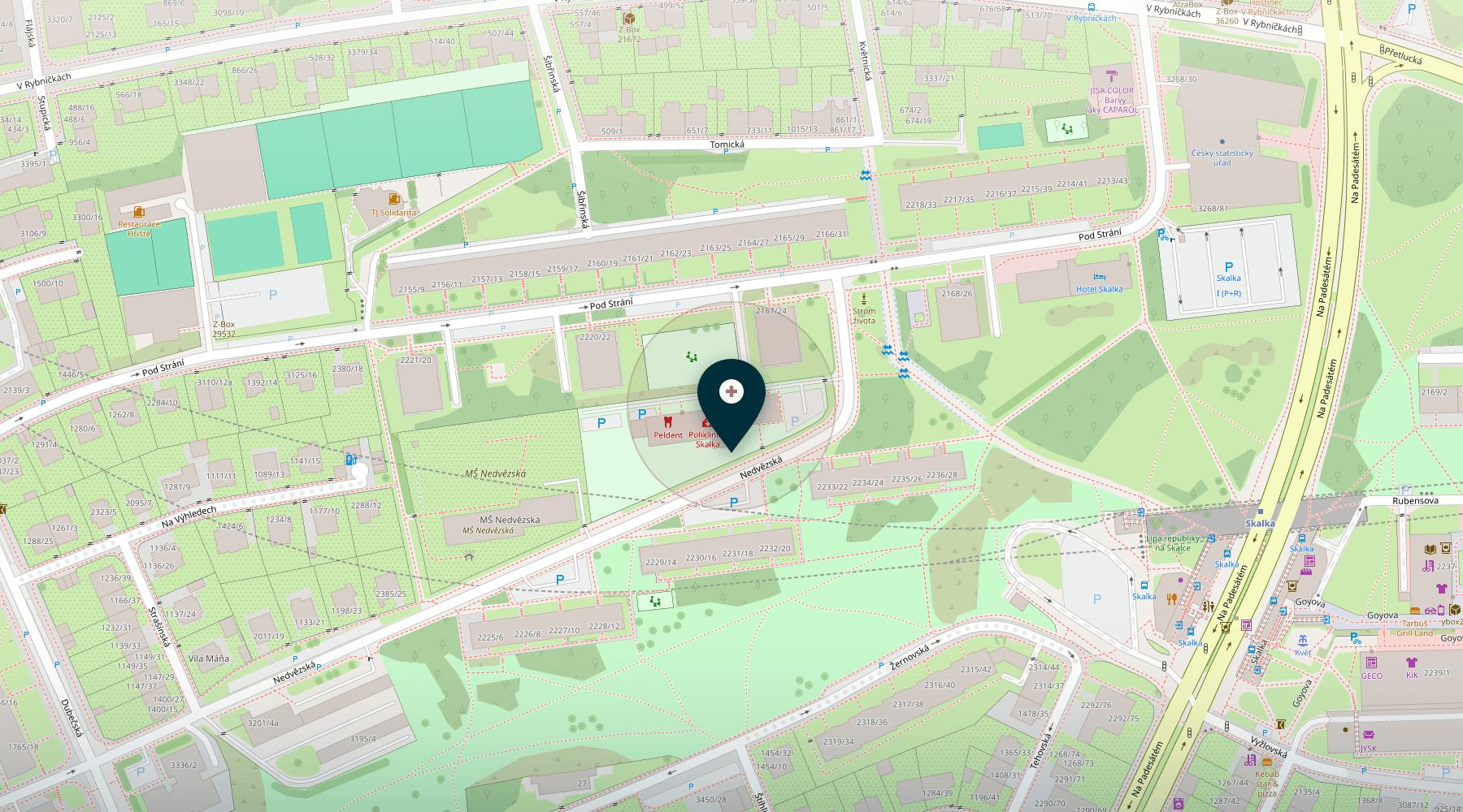 Mapa okolí ordinace — Medicínské centrum Skalka, Nedvězská 2223/29, Praha 10